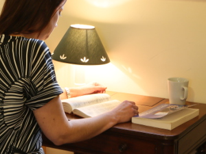 guest reading at desk in bedroom