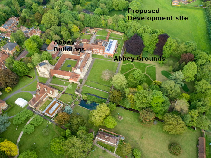 Aerial of the Abbey grounds looking towards the development site
