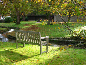 Garden seat by stream in autumn